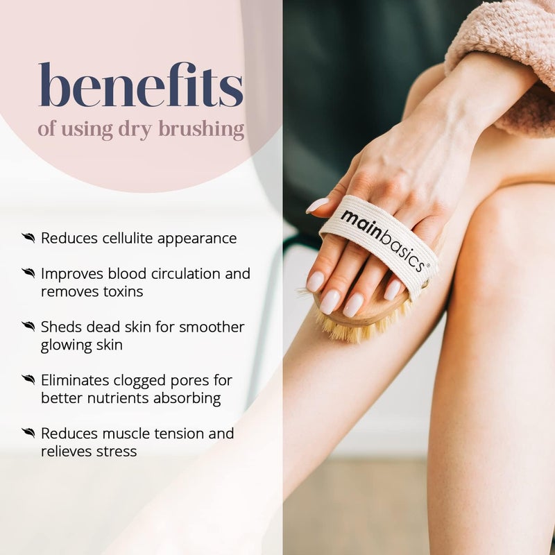 MainBasics Dry Brushing Body Brush for Lymphatic Drainage, Dry Skin, Cellulite, Blood Circulation with Exfoliating Natural Bristles for Flawless Skin - Image 3